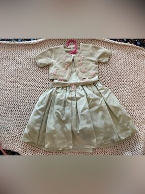 Girls' Sage Green Floral-Appliqué Dress & Cardigan Set
